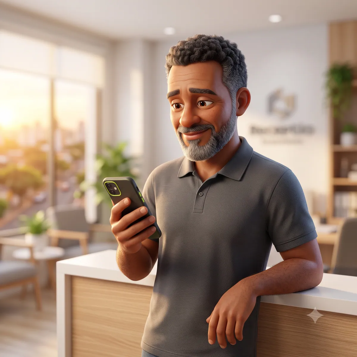 Dono de empresa lendo o resumo do dia no celular, fim de tarde