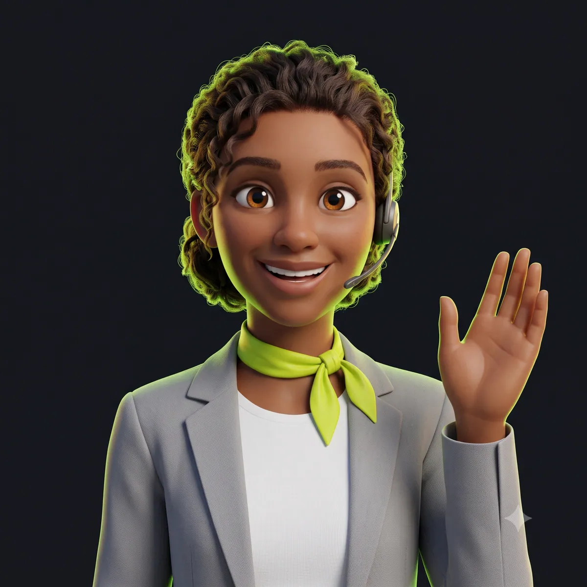 A atendente virtual acenando, pronta para conversar